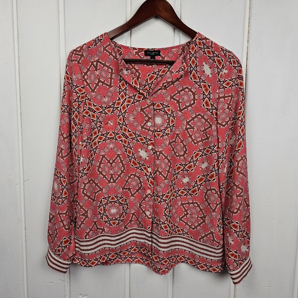 Talbots Petites Size Petites Peach Pink Geometric Long Sleeve Button Blouse